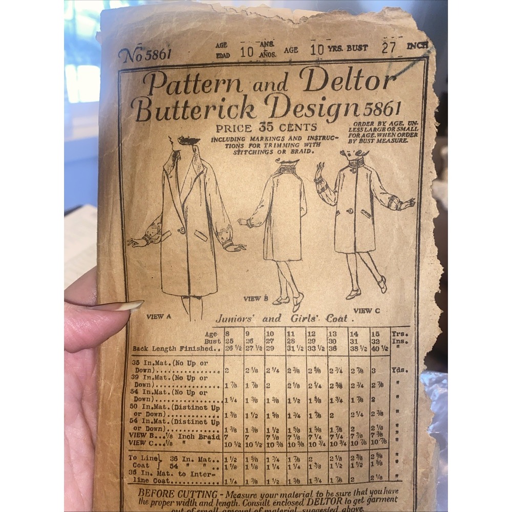 Vintage 1930s Butterick Design Sewing Pattern 5861 Juniors Girls Coat Antique
